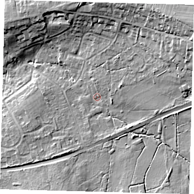 Shaded relief map of the ground around RH103NX, computed from Environment Agency LiDAR. The ground here sits at about 72 m above sea level and falls 19 m across the surrounding 800 m. Surface water reaching this point runs off ground lying to the east-north-east, 14.1 m higher.