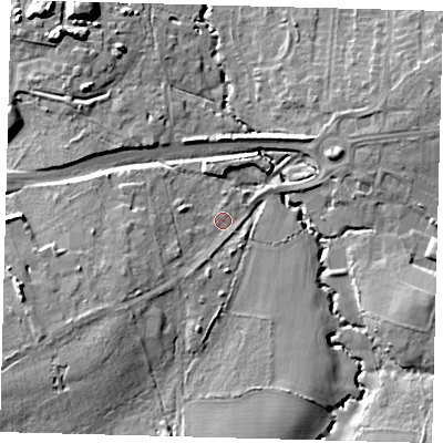 Shaded relief map of the ground around RH103PE, computed from Environment Agency LiDAR. The ground here sits at about 70 m above sea level and falls 14 m across the surrounding 800 m. Surface water reaching this point runs off ground lying to the south-west, 6.7 m higher.