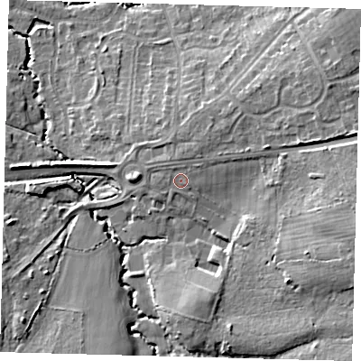 Shaded relief map of the ground around RH103PG, computed from Environment Agency LiDAR. The ground here sits at about 73 m above sea level and falls 15 m across the surrounding 800 m. Surface water reaching this point runs off ground lying to the north-east, 1.3 m higher.