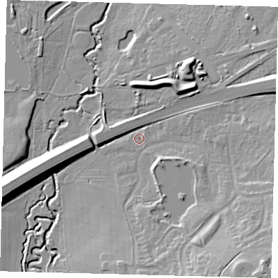 Shaded relief map of the ground around RH103PH, computed from Environment Agency LiDAR. The ground here sits at about 66 m above sea level and falls 20 m across the surrounding 800 m. Surface water reaching this point runs off ground lying to the east-north-east, 10.5 m higher.
