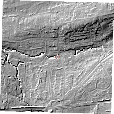 Shaded relief map of the ground around RH103PJ, computed from Environment Agency LiDAR. The ground here sits at about 67 m above sea level and falls 15 m across the surrounding 800 m. Surface water reaching this point runs off ground lying to the north-east, 13.2 m higher.