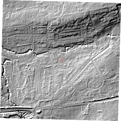 Shaded relief map of the ground around RH103PL, computed from Environment Agency LiDAR. The ground here sits at about 69 m above sea level and falls 15 m across the surrounding 800 m. Surface water reaching this point runs off ground lying to the east-south-east, 2.1 m higher.