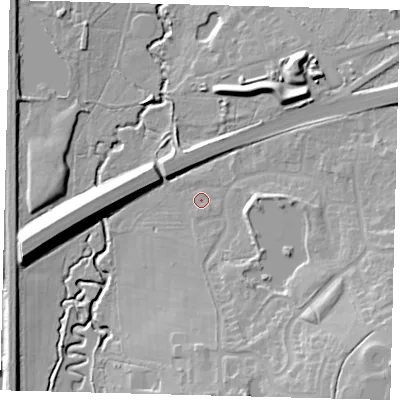 Shaded relief map of the ground around RH103PQ, computed from Environment Agency LiDAR. The ground here sits at about 66 m above sea level and falls 19 m across the surrounding 800 m. Surface water reaching this point runs off ground lying to the south-east, 15.5 m higher.