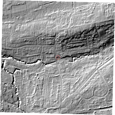 Shaded relief map of the ground around RH103QJ, computed from Environment Agency LiDAR. The ground here sits at about 68 m above sea level and falls 15 m across the surrounding 800 m. Surface water reaching this point runs off ground lying to the north-east, 12.3 m higher.