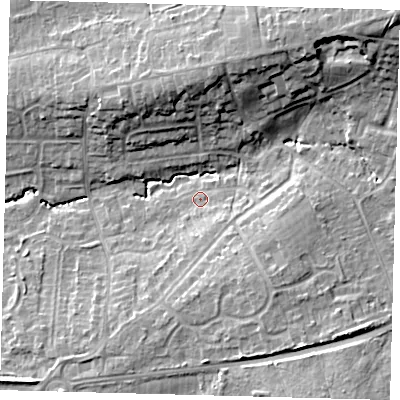 Shaded relief map of the ground around RH103QQ, computed from Environment Agency LiDAR. The ground here sits at about 69 m above sea level and falls 15 m across the surrounding 800 m. Surface water reaching this point runs off ground lying to the south-south-east, 7.4 m higher.