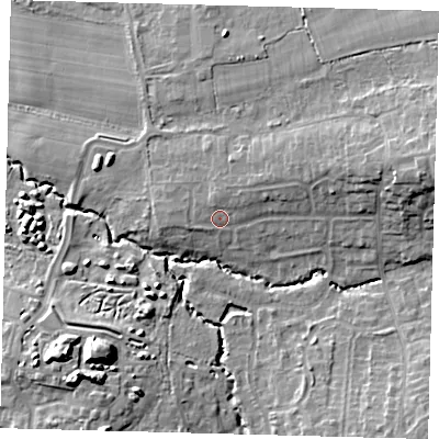 Shaded relief map of the ground around RH103QS, computed from Environment Agency LiDAR. The ground here sits at about 69 m above sea level and falls 15 m across the surrounding 800 m. Surface water reaching this point runs off ground lying to the north-east, 4.0 m higher.