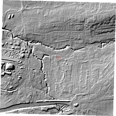 Shaded relief map of the ground around RH103QW, computed from Environment Agency LiDAR. The ground here sits at about 67 m above sea level and falls 15 m across the surrounding 800 m. Surface water reaching this point runs off ground lying to the north-east, 12.0 m higher.