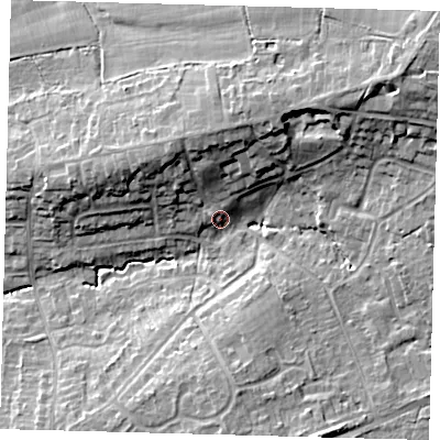 Shaded relief map of the ground around RH103RB, computed from Environment Agency LiDAR. The ground here sits at about 71 m above sea level and falls 16 m across the surrounding 800 m. Surface water reaching this point runs off ground lying to the north-north-west, 10.1 m higher.