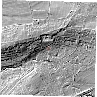 Shaded relief map of the ground around RH103RD, computed from Environment Agency LiDAR. The ground here sits at about 73 m above sea level and falls 18 m across the surrounding 800 m. Surface water reaching this point runs off ground lying to the north, 4.3 m higher.