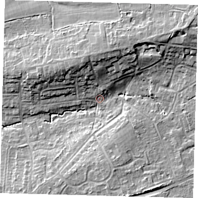 Shaded relief map of the ground around RH103RH, computed from Environment Agency LiDAR. The ground here sits at about 70 m above sea level and falls 16 m across the surrounding 800 m. Surface water reaching this point runs off ground lying to the north-north-west, 10.1 m higher.
