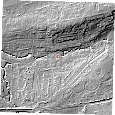 Shaded relief map of the ground around RH103RZ, computed from Environment Agency LiDAR. The ground here sits at about 68 m above sea level and falls 15 m across the surrounding 800 m. Surface water reaching this point runs off ground lying to the north-east, 12.9 m higher.