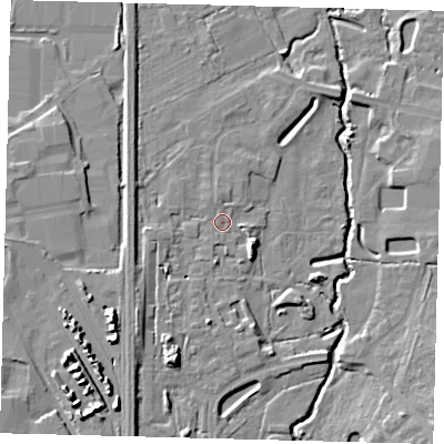 Shaded relief map of the ground around RH103SJ, computed from Environment Agency LiDAR. The ground here sits at about 64 m above sea level and falls 12 m across the surrounding 800 m. Surface water reaching this point runs off ground lying to the south-east, 5.3 m higher.