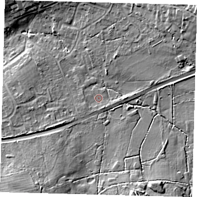 Shaded relief map of the ground around RH103SL, computed from Environment Agency LiDAR. The ground here sits at about 72 m above sea level and falls 20 m across the surrounding 800 m. Surface water reaching this point runs off ground lying to the south-west, 1.7 m higher.