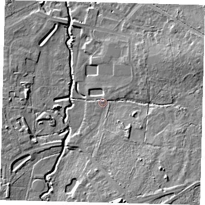 Shaded relief map of the ground around RH103SW, computed from Environment Agency LiDAR. The ground here sits at about 64 m above sea level and falls 14 m across the surrounding 800 m. Surface water reaching this point runs off ground lying to the south, 10.9 m higher.