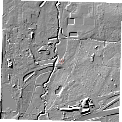 Shaded relief map of the ground around RH103SX, computed from Environment Agency LiDAR. The ground here sits at about 65 m above sea level and falls 14 m across the surrounding 800 m. Surface water reaching this point runs off ground lying to the south-west, 2.1 m higher.