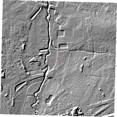 Shaded relief map of the ground around RH103SZ, computed from Environment Agency LiDAR. The ground here sits at about 64 m above sea level and falls 16 m across the surrounding 800 m. Surface water reaching this point runs off ground lying to the south-south-west, 2.3 m higher.