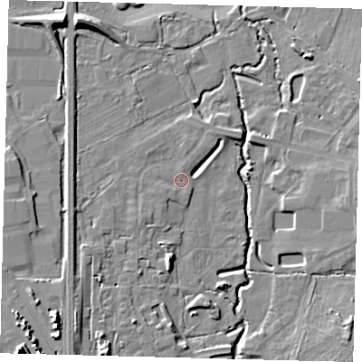 Shaded relief map of the ground around RH103WA, computed from Environment Agency LiDAR. The ground here sits at about 64 m above sea level and falls 13 m across the surrounding 800 m. Surface water reaching this point runs off ground lying to the west-south-west, 1.3 m higher.