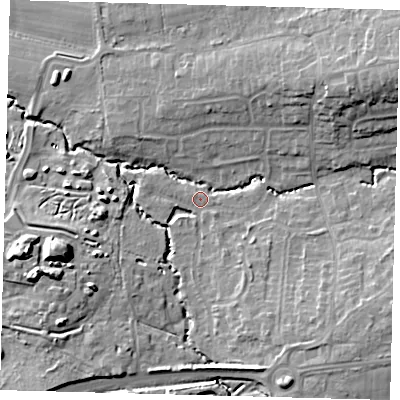 Shaded relief map of the ground around RH103XD, computed from Environment Agency LiDAR. The ground here sits at about 67 m above sea level and falls 15 m across the surrounding 800 m. Surface water reaching this point runs off ground lying to the north-east, 12.4 m higher.
