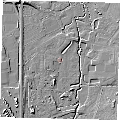 Shaded relief map of the ground around RH103XS, computed from Environment Agency LiDAR. The ground here sits at about 64 m above sea level and falls 12 m across the surrounding 800 m. Surface water reaching this point runs off ground lying to the south-south-west, 5.3 m higher.