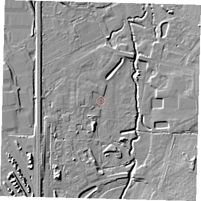 Shaded relief map of the ground around RH103YX, computed from Environment Agency LiDAR. The ground here sits at about 63 m above sea level and falls 12 m across the surrounding 800 m. Surface water reaching this point runs off ground lying to the south-south-west, 5.3 m higher.