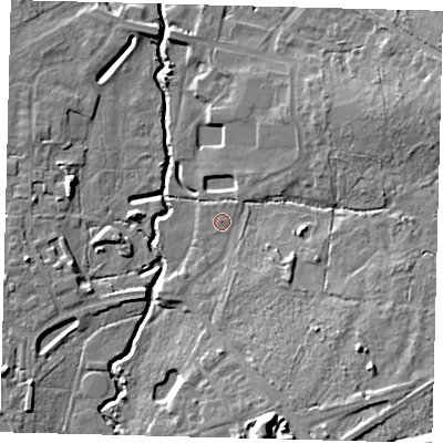 Shaded relief map of the ground around RH103ZE, computed from Environment Agency LiDAR. The ground here sits at about 64 m above sea level and falls 17 m across the surrounding 800 m. Surface water reaching this point runs off ground lying to the south-south-east, 11.1 m higher.
