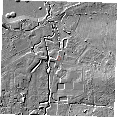 Shaded relief map of the ground around RH103ZR, computed from Environment Agency LiDAR. The ground here sits at about 63 m above sea level and falls 10 m across the surrounding 800 m. Surface water reaching this point runs off ground lying to the west, 1.1 m higher.