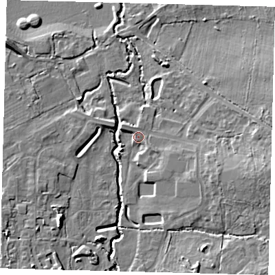 Shaded relief map of the ground around RH103ZS, computed from Environment Agency LiDAR. The ground here sits at about 63 m above sea level and falls 10 m across the surrounding 800 m. Surface water reaching this point runs off ground lying to the east-south-east, 8.2 m higher.