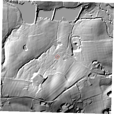 Shaded relief map of the ground around RH104QQ, computed from Environment Agency LiDAR. The ground here sits at about 100 m above sea level and falls 44 m across the surrounding 800 m. Surface water reaching this point runs off ground lying to the south-south-west, 23.2 m higher.