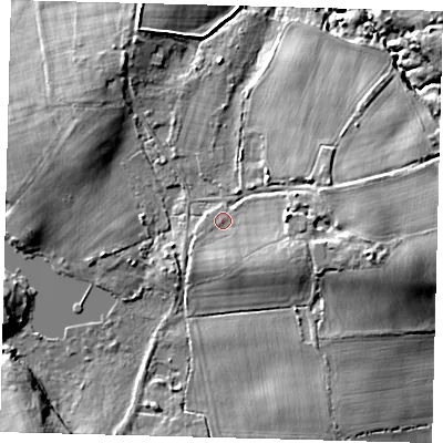 Shaded relief map of the ground around RH104TA, computed from Environment Agency LiDAR. The ground here sits at about 83 m above sea level and falls 19 m across the surrounding 800 m. Surface water reaching this point runs off ground lying to the east-south-east, 7.1 m higher.