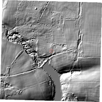 Shaded relief map of the ground around RH104TB, computed from Environment Agency LiDAR. The ground here sits at about 84 m above sea level and falls 29 m across the surrounding 800 m. Surface water reaching this point runs off ground lying to the east, 3.3 m higher.