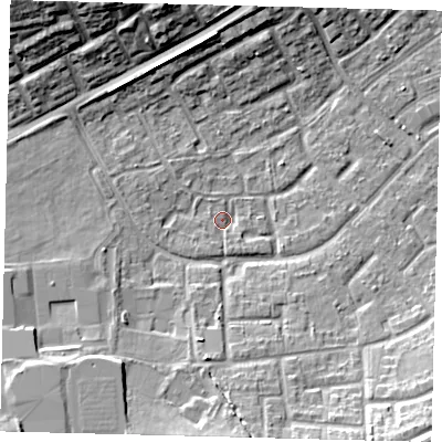 Shaded relief map of the ground around RH105AH, computed from Environment Agency LiDAR. The ground here sits at about 79 m above sea level and falls 15 m across the surrounding 800 m. Surface water reaching this point runs off ground lying to the south-south-west, 1.6 m higher.