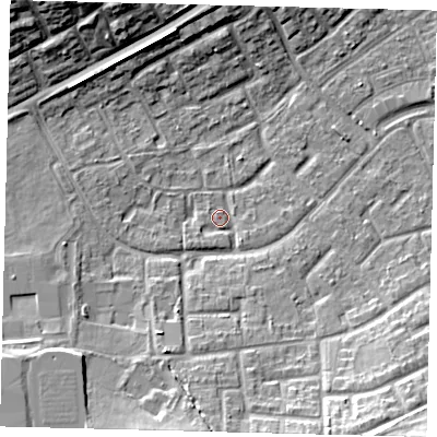 Shaded relief map of the ground around RH105AJ, computed from Environment Agency LiDAR. The ground here sits at about 79 m above sea level and falls 15 m across the surrounding 800 m. Surface water reaching this point runs off ground lying to the south, 7.2 m higher.