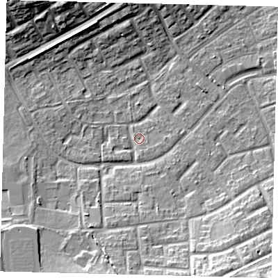 Shaded relief map of the ground around RH105AL, computed from Environment Agency LiDAR. The ground here sits at about 78 m above sea level and falls 15 m across the surrounding 800 m. Surface water reaching this point runs off ground lying to the south, 6.7 m higher.