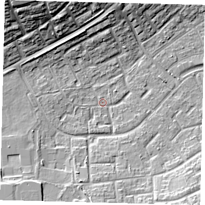 Shaded relief map of the ground around RH105AQ, computed from Environment Agency LiDAR. The ground here sits at about 78 m above sea level and falls 19 m across the surrounding 800 m. Surface water reaching this point runs off ground lying to the west, 2.2 m higher.