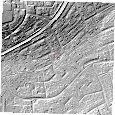 Shaded relief map of the ground around RH105BB, computed from Environment Agency LiDAR. The ground here sits at about 77 m above sea level and falls 20 m across the surrounding 800 m. Surface water reaching this point runs off ground lying to the west-north-west, 7.6 m higher.