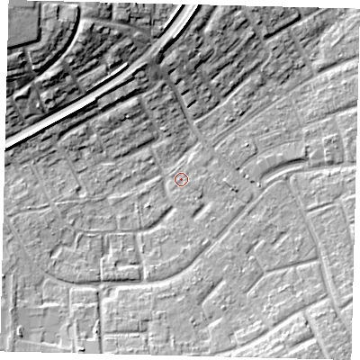 Shaded relief map of the ground around RH105BD, computed from Environment Agency LiDAR. The ground here sits at about 77 m above sea level and falls 20 m across the surrounding 800 m. Surface water reaching this point runs off ground lying to the south, 0.6 m higher.