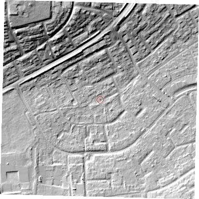 Shaded relief map of the ground around RH105BE, computed from Environment Agency LiDAR. The ground here sits at about 78 m above sea level and falls 21 m across the surrounding 800 m. Surface water reaching this point runs off ground lying to the west-south-west, 2.7 m higher.