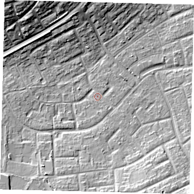 Shaded relief map of the ground around RH105BG, computed from Environment Agency LiDAR. The ground here sits at about 78 m above sea level and falls 18 m across the surrounding 800 m. Surface water reaching this point runs off ground lying to the south, 3.7 m higher.