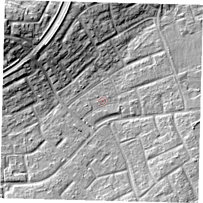 Shaded relief map of the ground around RH105BH, computed from Environment Agency LiDAR. The ground here sits at about 76 m above sea level and falls 16 m across the surrounding 800 m. Surface water reaching this point runs off ground lying to the south-west, 1.8 m higher.