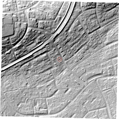 Shaded relief map of the ground around RH105BP, computed from Environment Agency LiDAR. The ground here sits at about 78 m above sea level and falls 21 m across the surrounding 800 m. Surface water reaching this point runs off ground lying to the north, 8.0 m higher.