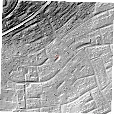 Shaded relief map of the ground around RH105BQ, computed from Environment Agency LiDAR. The ground here sits at about 78 m above sea level and falls 18 m across the surrounding 800 m. Surface water reaching this point runs off ground lying to the south-south-west, 4.2 m higher.