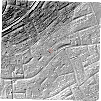 Shaded relief map of the ground around RH105BT, computed from Environment Agency LiDAR. The ground here sits at about 77 m above sea level and falls 17 m across the surrounding 800 m. Surface water reaching this point runs off ground lying to the south-south-west, 4.2 m higher.