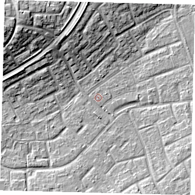 Shaded relief map of the ground around RH105BU, computed from Environment Agency LiDAR. The ground here sits at about 77 m above sea level and falls 18 m across the surrounding 800 m. Surface water reaching this point runs off ground lying to the west-south-west, 0.6 m higher.