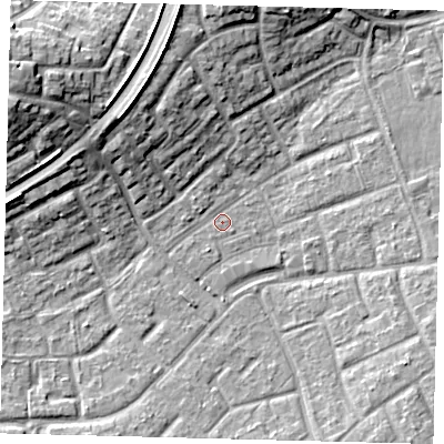 Shaded relief map of the ground around RH105BX, computed from Environment Agency LiDAR. The ground here sits at about 76 m above sea level and falls 17 m across the surrounding 800 m. Surface water reaching this point runs off ground lying to the north-west, 9.7 m higher.