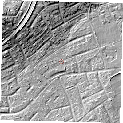 Shaded relief map of the ground around RH105BY, computed from Environment Agency LiDAR. The ground here sits at about 76 m above sea level and falls 15 m across the surrounding 800 m. Surface water reaching this point runs off ground lying to the south-east, 4.7 m higher.
