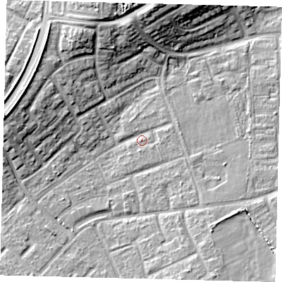 Shaded relief map of the ground around RH105DE, computed from Environment Agency LiDAR. The ground here sits at about 76 m above sea level and falls 13 m across the surrounding 800 m. Surface water reaching this point runs off ground lying to the south, 1.3 m higher.