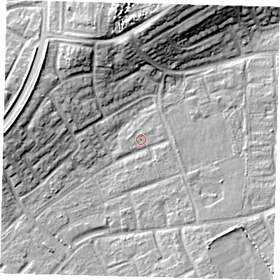 Shaded relief map of the ground around RH105DF, computed from Environment Agency LiDAR. The ground here sits at about 76 m above sea level and falls 14 m across the surrounding 800 m. Surface water reaching this point runs off ground lying to the south, 1.3 m higher.