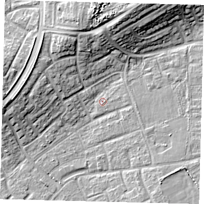 Shaded relief map of the ground around RH105DG, computed from Environment Agency LiDAR. The ground here sits at about 75 m above sea level and falls 14 m across the surrounding 800 m. Surface water reaching this point runs off ground lying to the east, 1.4 m higher.