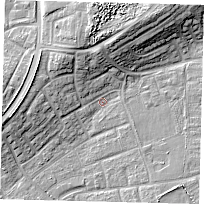 Shaded relief map of the ground around RH105DJ, computed from Environment Agency LiDAR. The ground here sits at about 75 m above sea level and falls 14 m across the surrounding 800 m. Surface water reaching this point runs off ground lying to the west, 11.2 m higher.