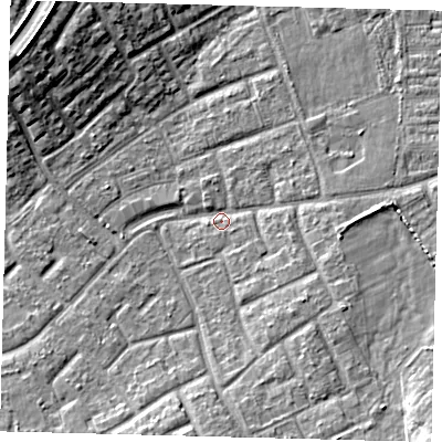 Shaded relief map of the ground around RH105DU, computed from Environment Agency LiDAR. The ground here sits at about 77 m above sea level and falls 12 m across the surrounding 800 m. Surface water reaching this point runs off ground lying to the east-south-east, 2.8 m higher.
